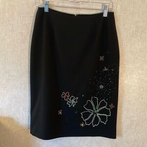 Russell Scott signature black midi pencil skirt with multicolored beaded flowers